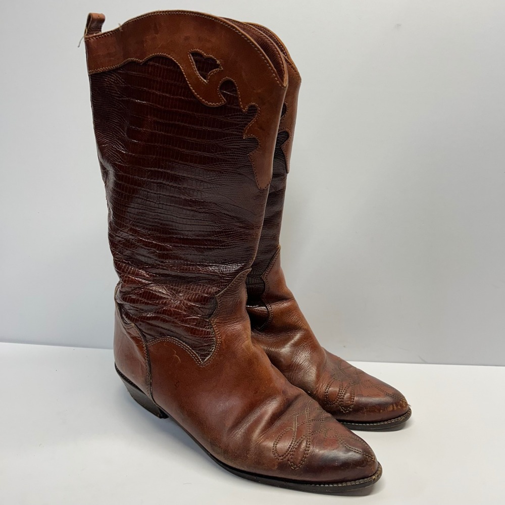 Joan & David Western Cowboy Boots Brown Women 7.5 Leather Lizard Emboss Vintage